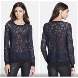 Theory Jaidyn Sheer Floral Lace Crew Neck Top Navy Blue/Black  Womens Medium